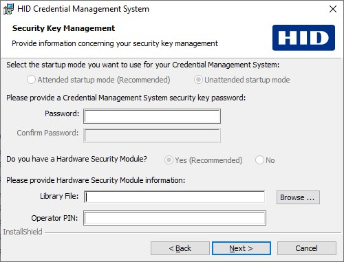 HID Credential Management System Security Key Management dialog box where you can enter the Password for the security key as well as the Library File and Operator PIN for the HSM